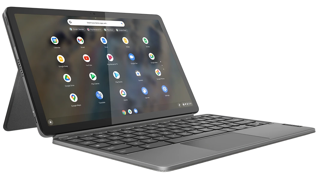 Chromebook Duet Lenovo Education Edition 2-en-1, orienté à gauche, montrant le clavier amovible et l’écran