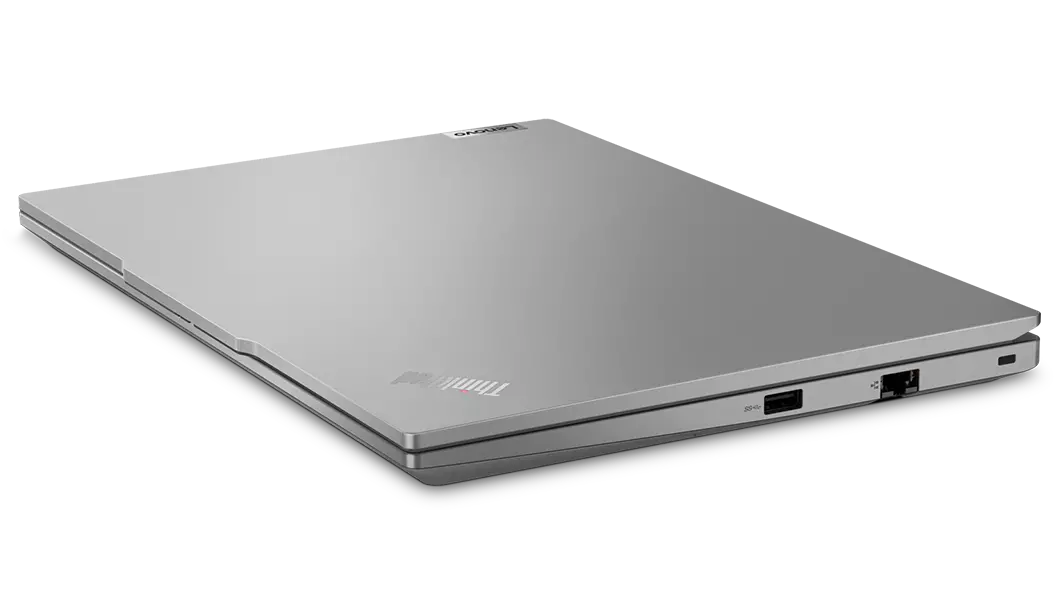 Lenovo ThinkPad E14 Gen 5 (14" AMD) laptop in Arctic Grey – angled right side view, lid closed